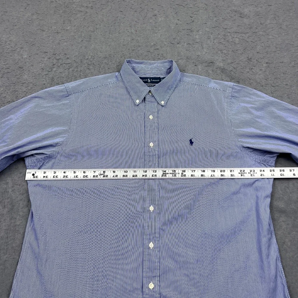 Ralph Lauren Dress Shirt‎ Men's 17.5 Blue Stripe Long Sleeve Pony Logo Button Up